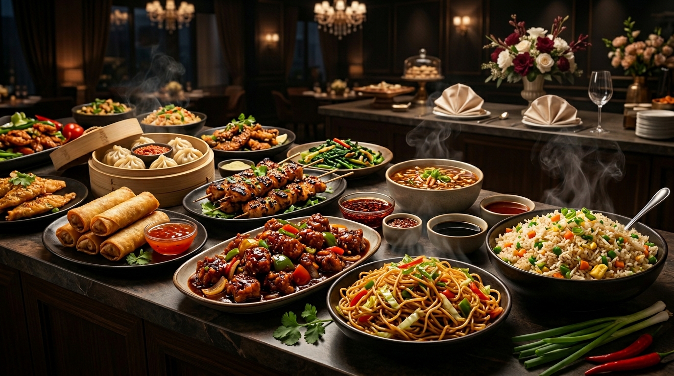 Delicious Chinese food buffet with fried rice noodles and starters by GR Grand Wedding Caters