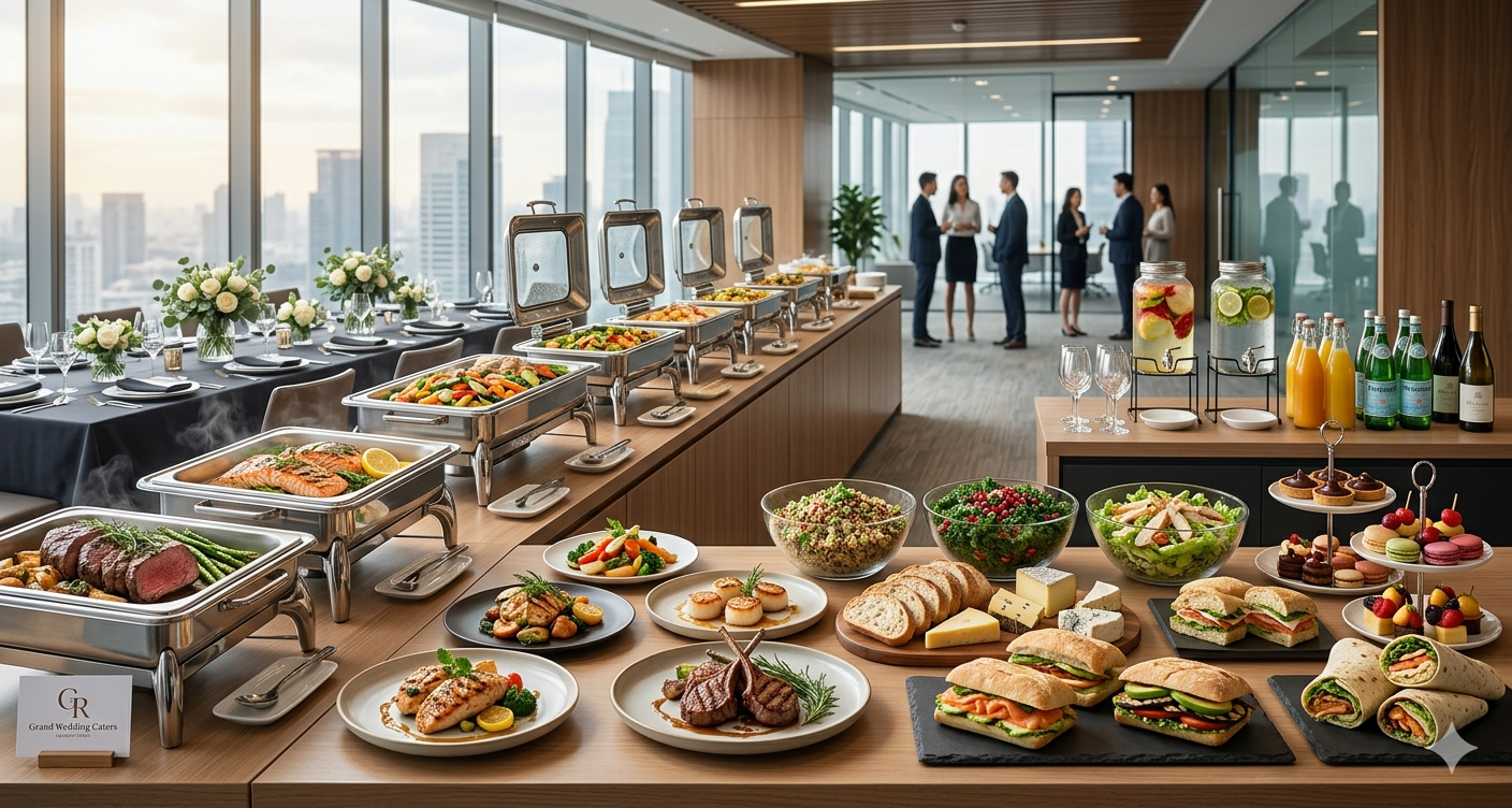 Elegant corporate lunch catering setup with premium buffet presentation by GR Grand Wedding Caters in Chennai