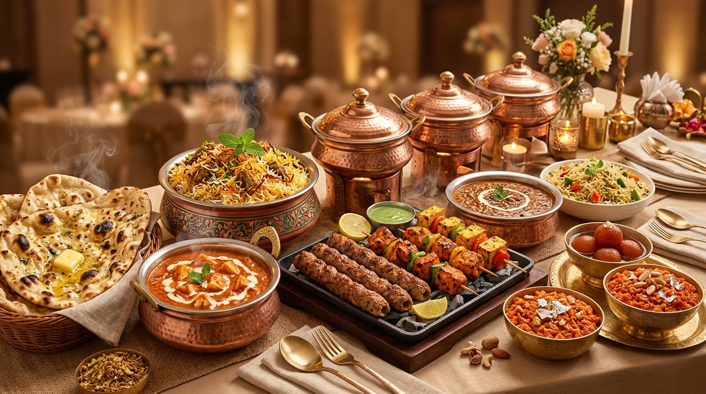 Luxury North Indian dishes with naan paneer curries and buffet setup by GR Grand Wedding Caters