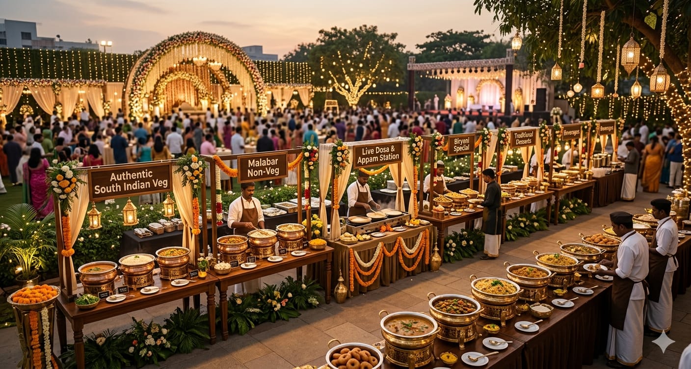 Luxury outdoor event catering and buffet setup by GR Grand Wedding Caters in Chennai