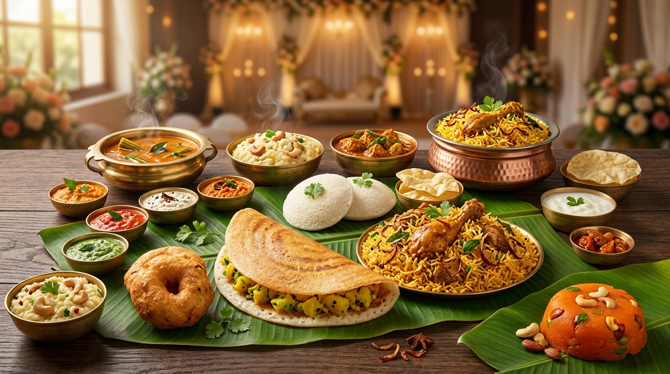 Traditional South Indian food feast with dosa idli biryani and curries by GR Grand Wedding Caters