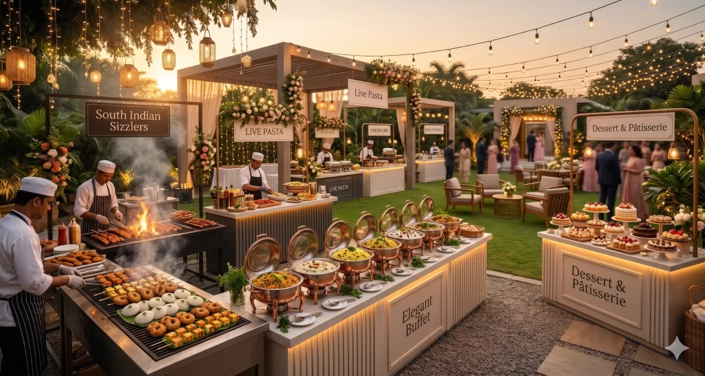 Luxury outdoor event catering and buffet setup by GR Grand Wedding Caters in Chennai
